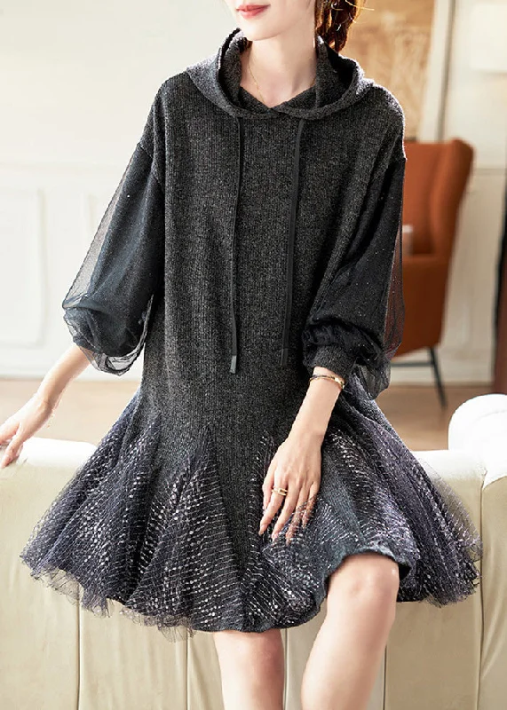 Exquisite Tailoring Stylish Dark Grey Hooded Tulle Patchwork Knit Dresses Spring