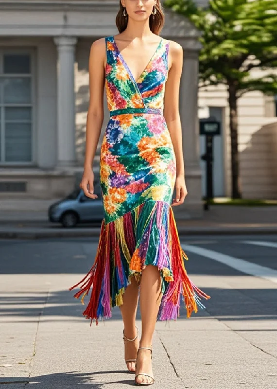 Autumn Selection Fitted Multicolour Print Tasseled Knit Dresses Summer