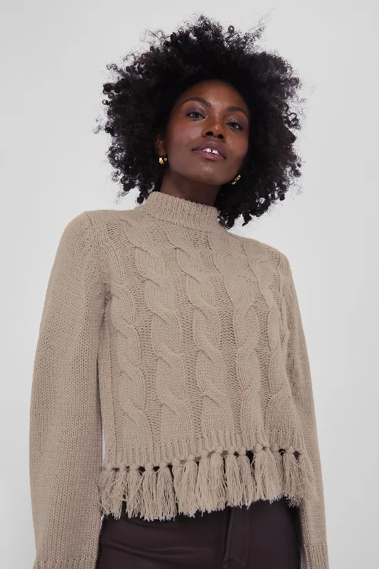 Comfortable Fashion Looks Taupe Fringe Cable Knit Sweater