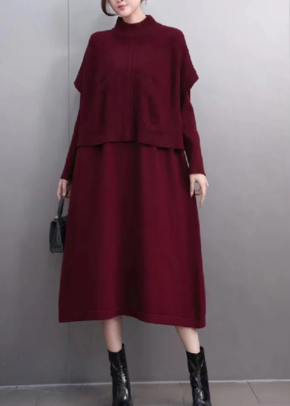 Fashionable In The Times Simple Mulberry Turtleneck Patchwork Cotton Knit Sweaters And Maxi Skirts Two Pieces Set Winter