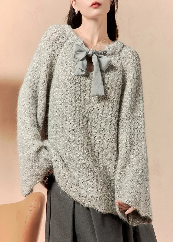 Light Comfort Loose Grey Lace Up Solid Knit Sweaters Flare Sleeve