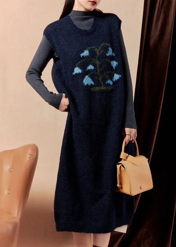 Elegant Style Women Navy Embroidered Cozy Knit Dress Sleeveless