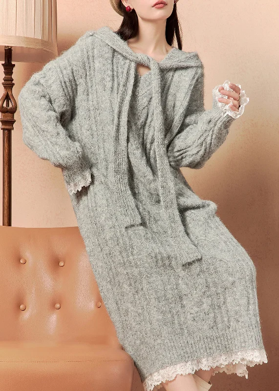 Comfortable Fashion Art Grey Hooded Lace Patchwork Knit Dress Winter