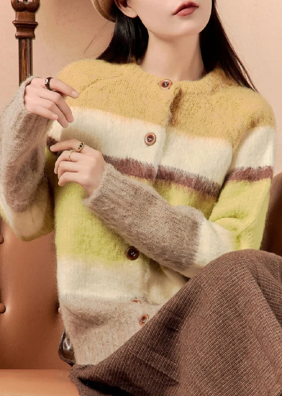 Chic Outfits Chic Yellow Striped Button Patchwork Cotton Knit Sweaters Winter