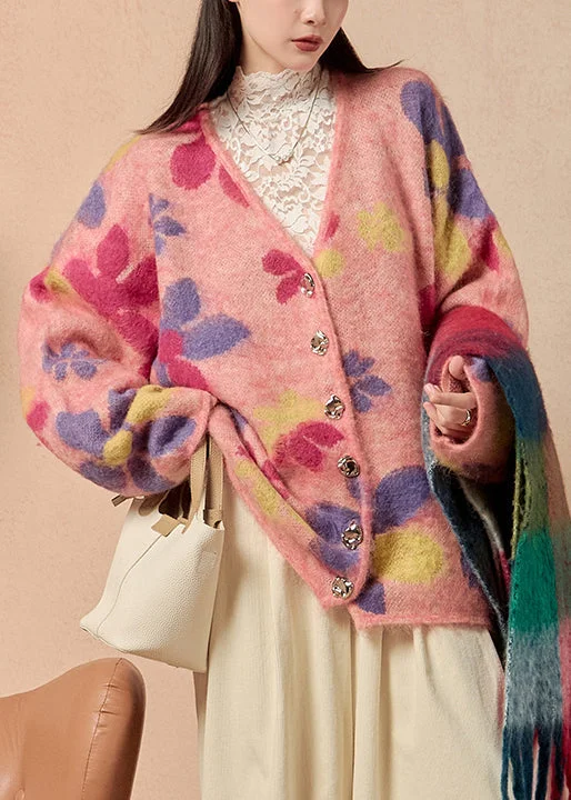 Outdoor Trend Stylish Pink V Neck Button Print Knit Cardigans Winter