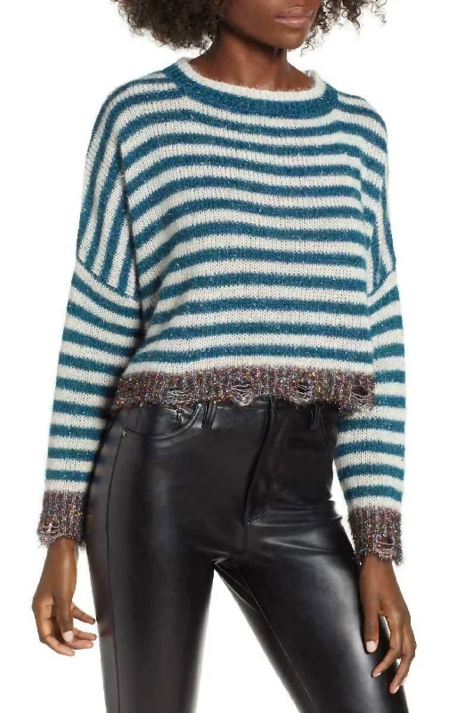 Comfortable Jeans Tinsel Stripe Metallic Crop Holiday Christmas Long Sleeve Sweater In Multicolor
