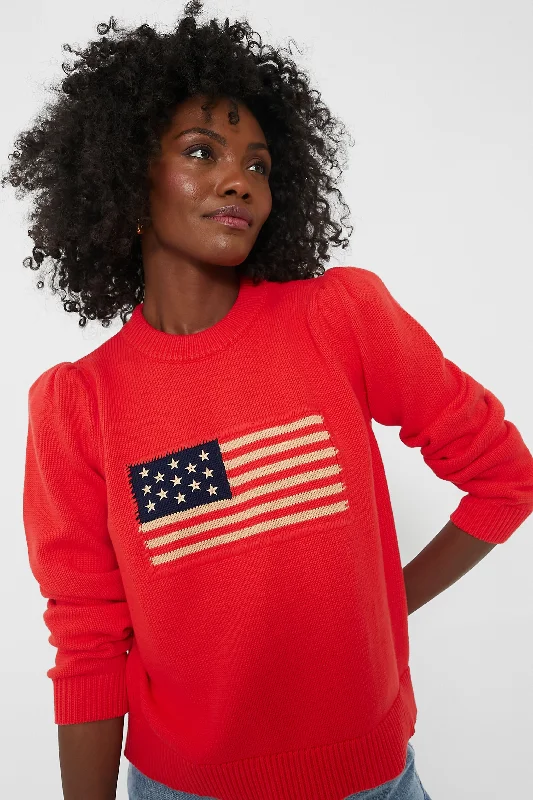 Chic Relaxation Red Cropped Puff Sleeve Americana Sweater