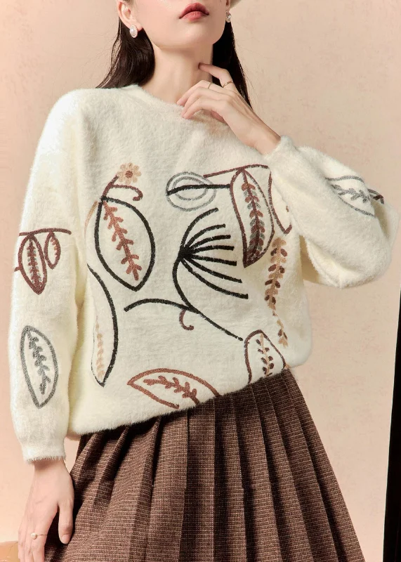 Trendy Wear Women White O Neck Embroidered Cotton Knit Sweater Winter