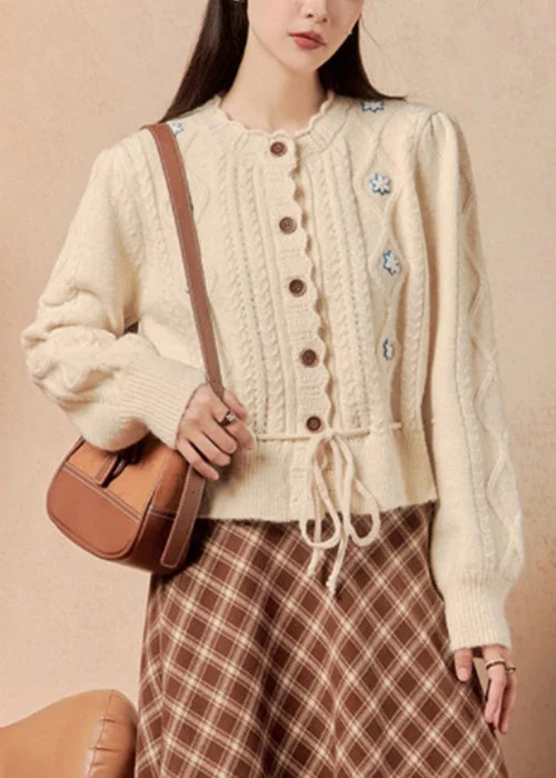 American Style Women Beige Button Lace Up Knit Sweater Winter