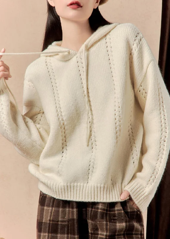 Simple Chic Simple White Hooded Hollow Out Knit Sweater Winter
