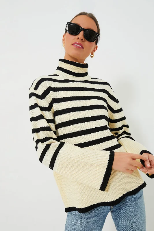 Simple Style Cream Striped Turtleneck Sweater