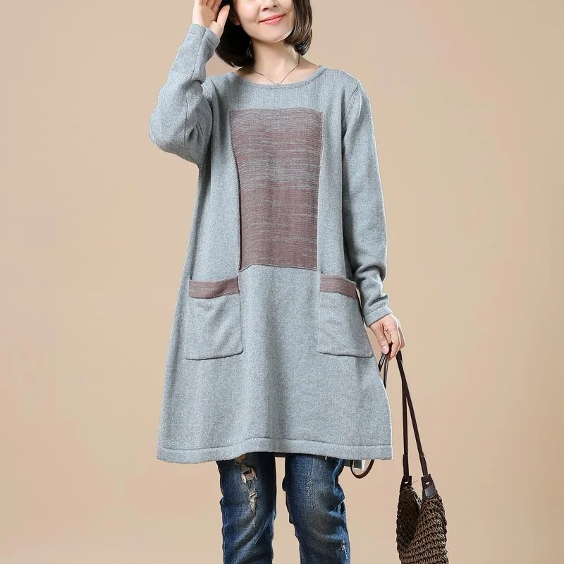 Gray sweaters long plus size knitted dress pockets patchwork