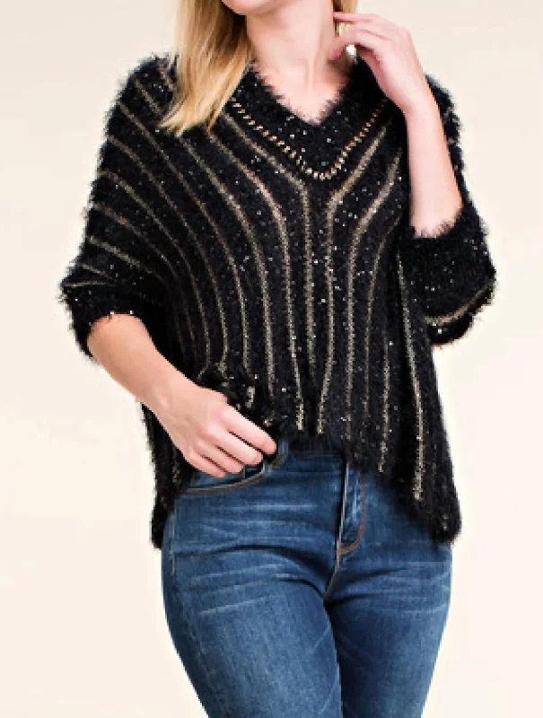 Windbreaker fashion Threaded Stripe Crop Sweater In Black And Gold