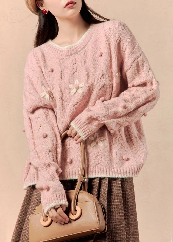 Comfortable Sweaters Elegant Pink Cozy Solid Cotton Knit Sweaters O Neck Spring