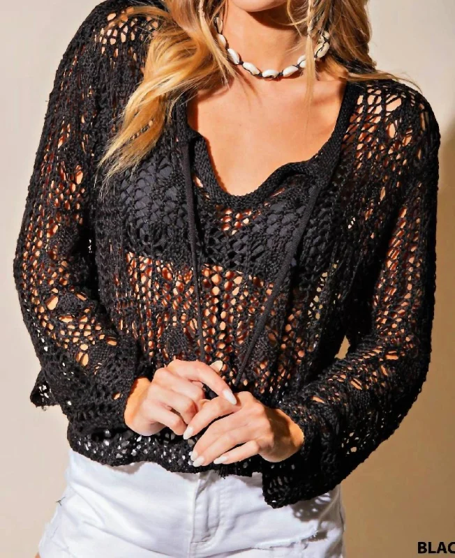 Relaxed Fits Crochet Pullover Sweater In Black