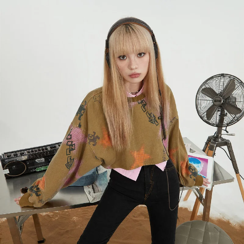 All-Day Style Star Print Loose Fit Crop Sweater
