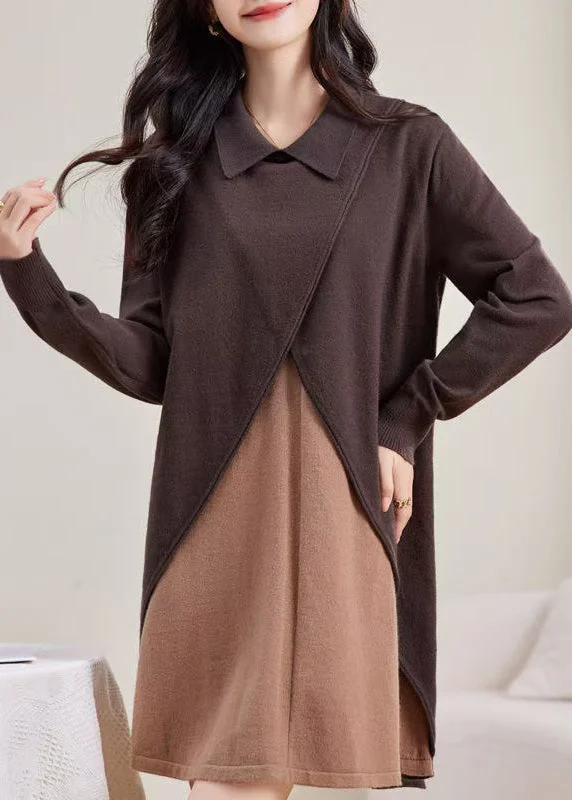 Unique Fashion Loose Coffee Peter Pan Collar Patchwork Woolen Sweater Dress Winter