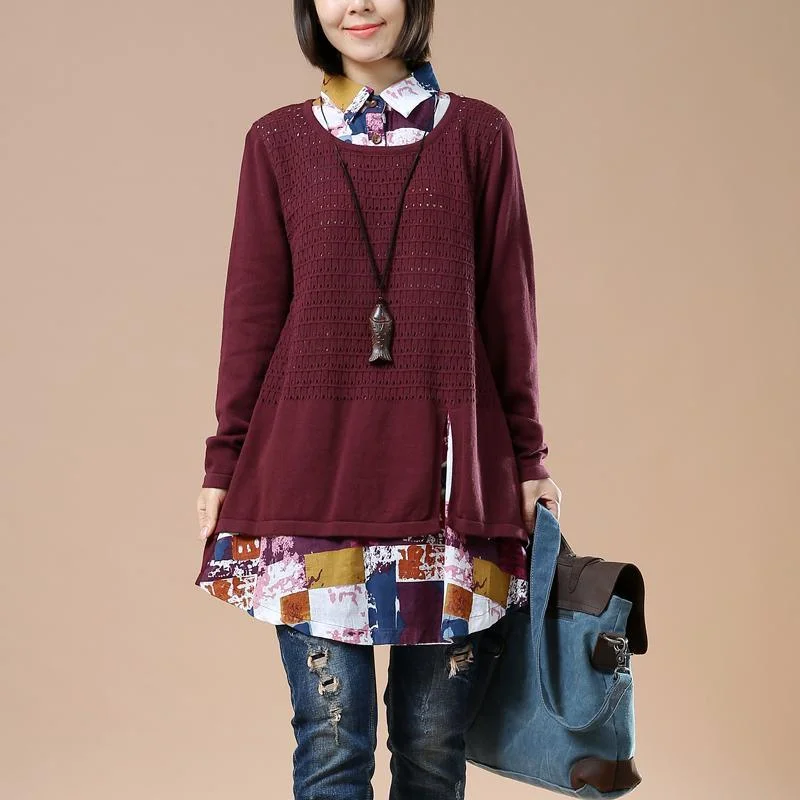 Burgundy knit sweaters top woman fake shirt inside