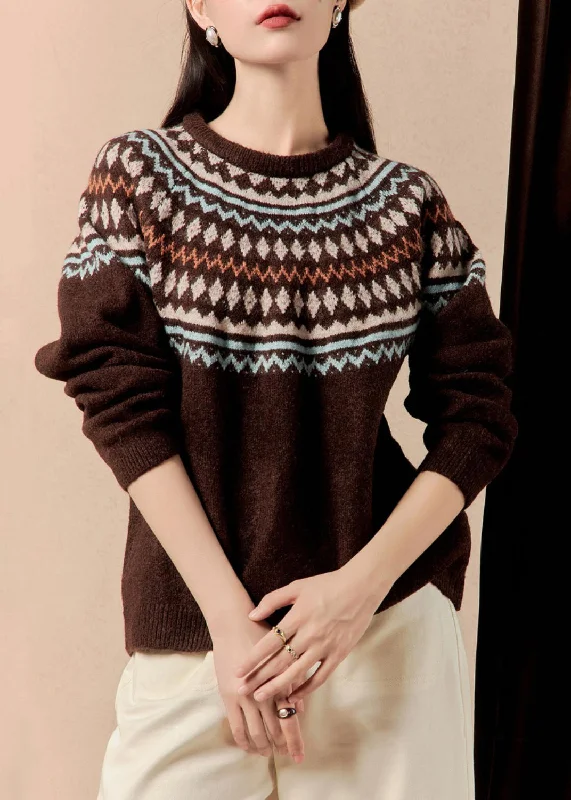 Perfect Tailoring French Coffee O Neck Geometric Thick Knit Sweater Winter