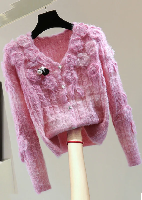 Romantic And Fresh Boho Pink V Neck Floral Zippered Cotton Knit Sweaters Winter