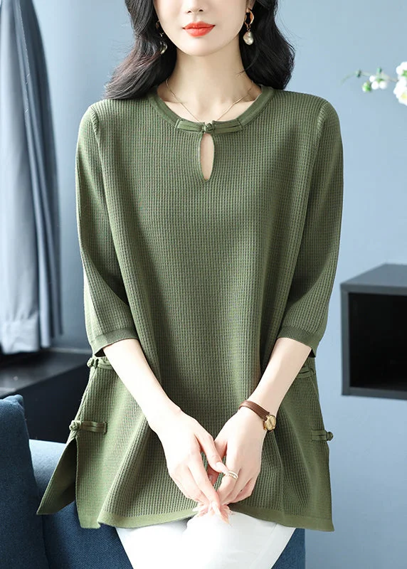 Layered Comfort Women Green O Neck Oriental Button Ice Silk Knit Top Spring