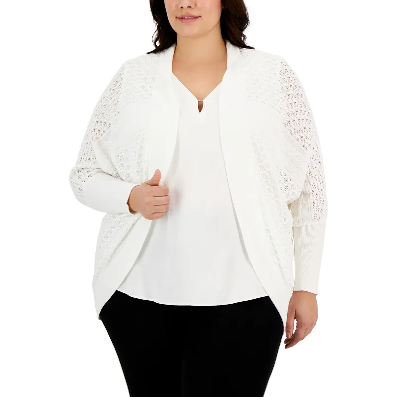 Denim Design Anne Klein Womens Plus Ribbed Trim  Knit Cardigan Sweater