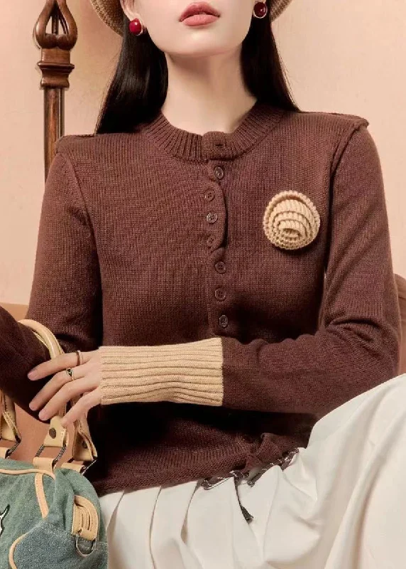Classic Series Slim Fit Brown Button Patchwork Knit Sweaters Winter