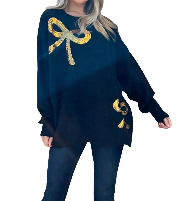 Soft Layers Sequin Bow Fuzzy Pullover Sweater In Navy