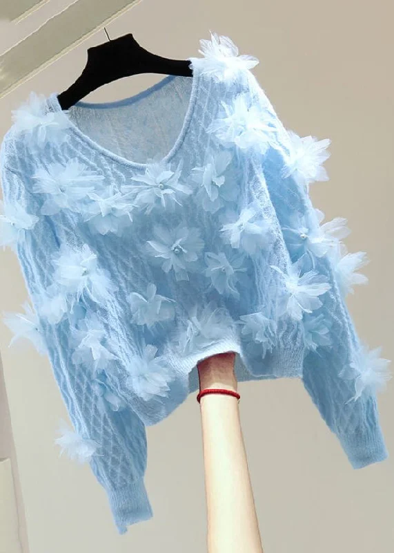 Weekend Comfort Blue Nail Bead Cotton Knit Sweater Long Sleeve