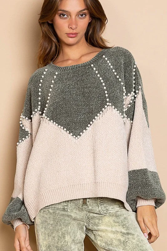 Katie Pearl Embellished Colorblock Sweater (Smoke Green)