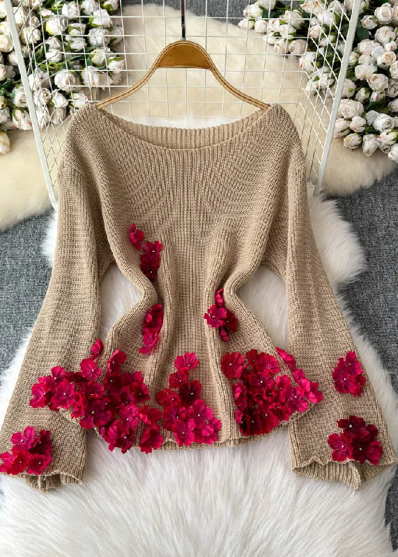 Simple Looks Stylish Khaki Slash Neck Floral Cotton Knit Sweaters Winter