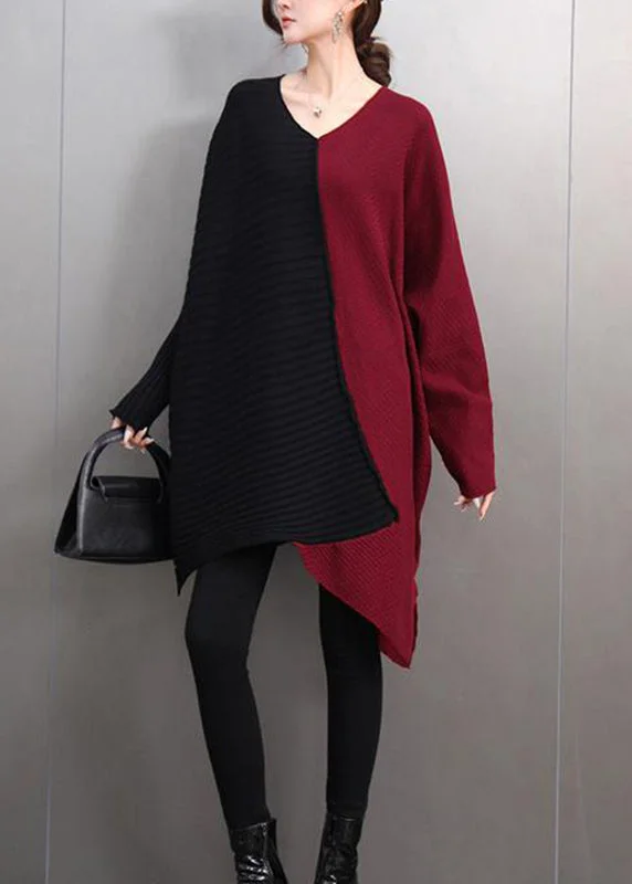 Warm Comfort Unique Mulberry V Neck Asymmetrical Cotton Knit Sweaters Batwing Sleev