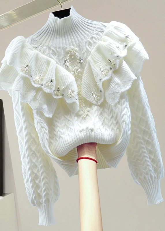 Sports And Leisure White Ruffled Patchwork Cotton Knit Sweater Lantern Sleeve