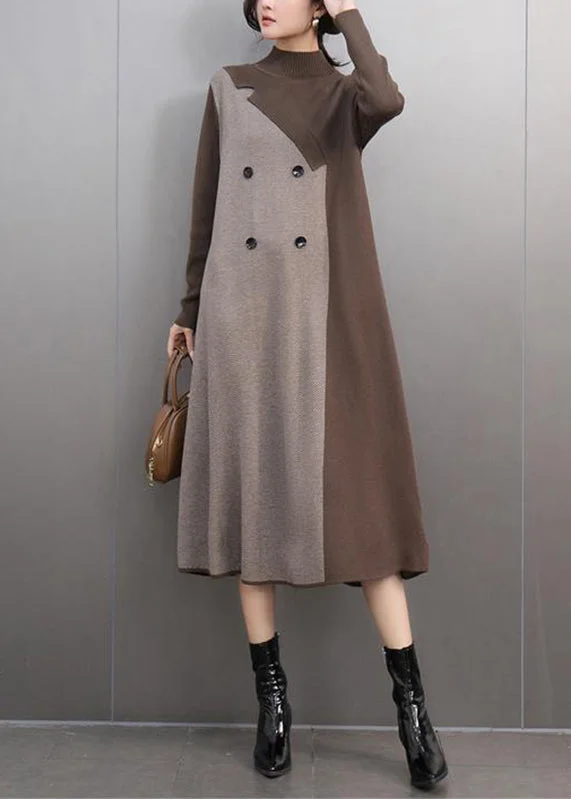 Casual Wear Women Khaki Turtleneck Patchwork Cotton Knit Sweaters Dress Winter