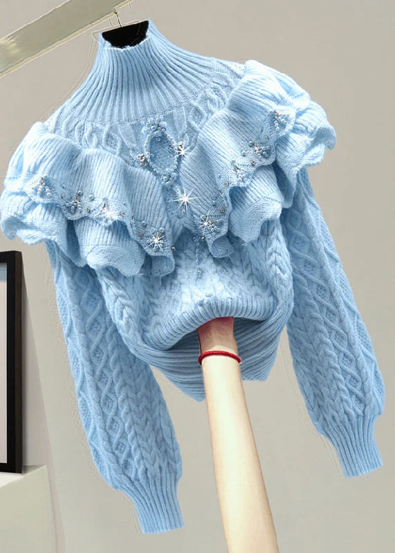 Nightclub Style Modern Blue Cable Cotton Knit Sweater Nail Bead Winter