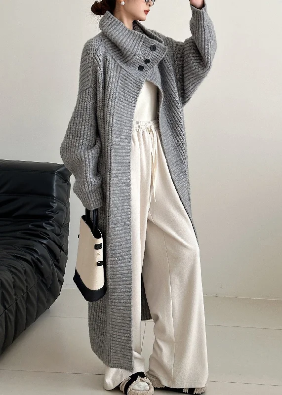 Fashion Style Unique Grey Peter Pan Collar Button Woolen Knit Cardigans Winter