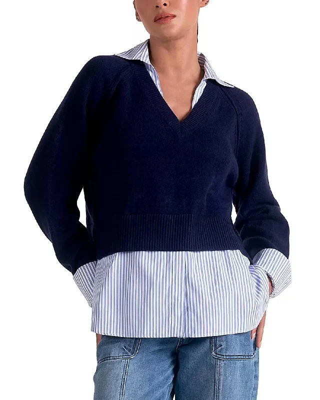Fashion Touch Stevie Layered Sweater/striped Shirt Combo In Navy
