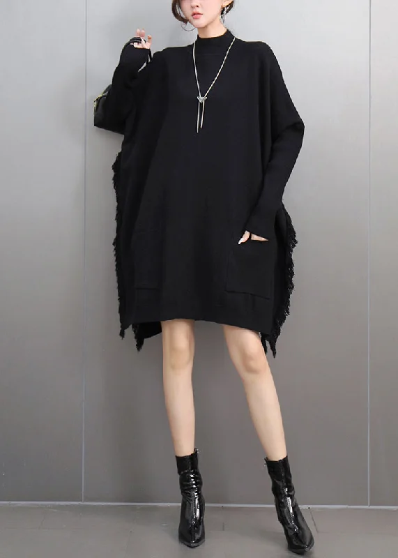 Versatile Itinerary Looose Black Turtleneck Pockets Thick Cotton Knit Sweater Winter