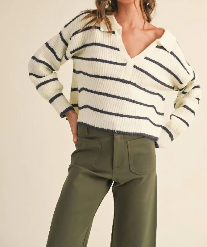 New Season Series Striped Pattern Collar Sweater In Ivory/navy