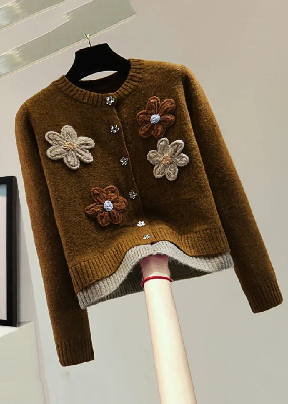 Cozy Footwear Casual Coffee O-Neck Floral Fake Two Pieces Thick Cotton Knit Sweaters Winter
