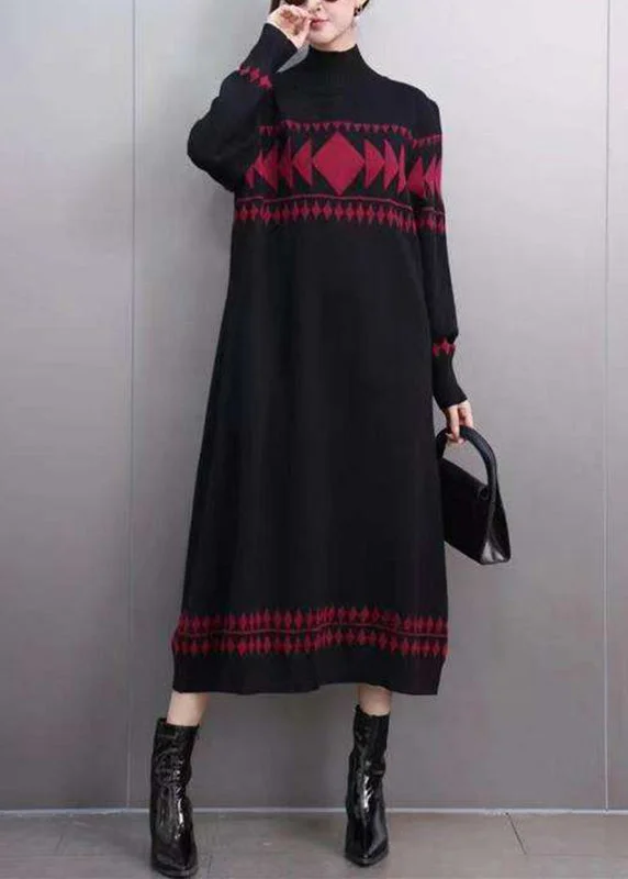 Comfortable Fashion Organic Black Turtleneck Cozy Cotton Knit Long Sweater Dress Winter