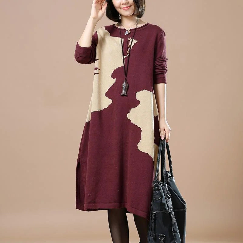 Burgundy woman sweaters winter knit dresses floral