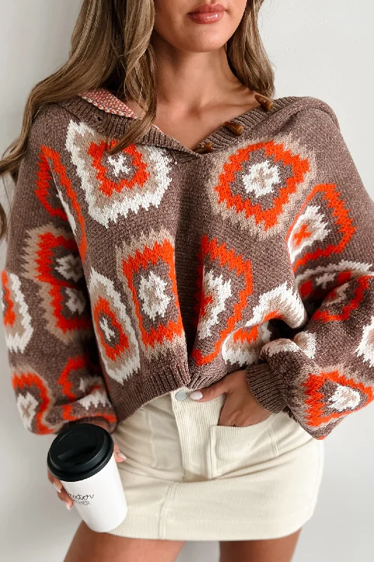 Classic And Versatile Ailyn Hooded Geometric Sweater (Mocha/Multi)