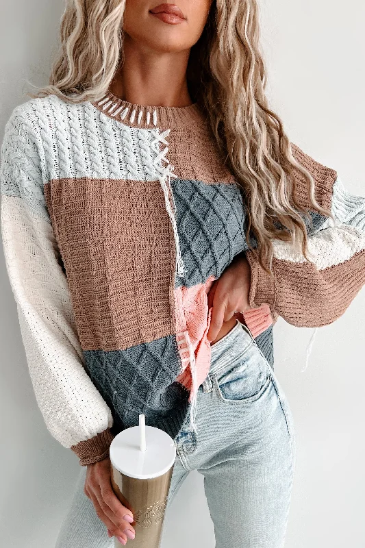 European And American Style Giana Patchwork Sweater (Mocha/Sky/Multi)