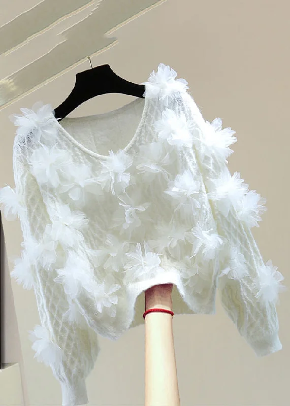 Simple Comfort Chic White O-Neck Floral Cotton Knit Sweater Winter