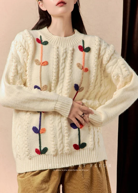 Personalized Wear Women Beige O Neck Cozy Cable Knit Sweater Winter