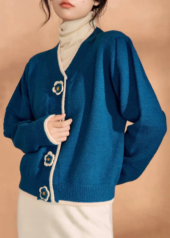 Lounge Wear Women Blue V Neck Floral Knit Short Sweater Winter