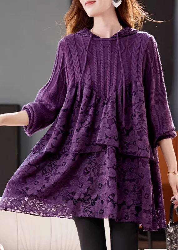 Relaxed Chic Women Purple Hooded Lace Patchwork Knit Dresses Winter