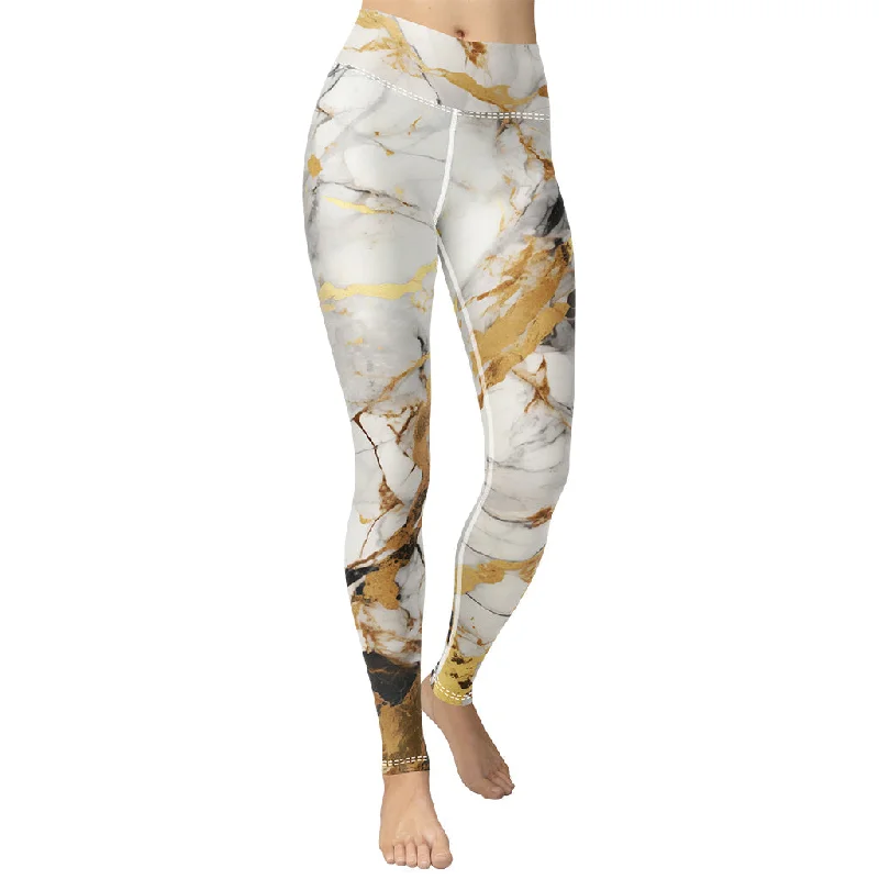 Embroidery Design White & Gold Marble Yoga Leggings