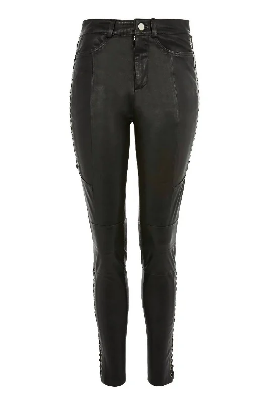 Elegant And Casual Lace Up Biker 100% Leather Skinny Pants In Black